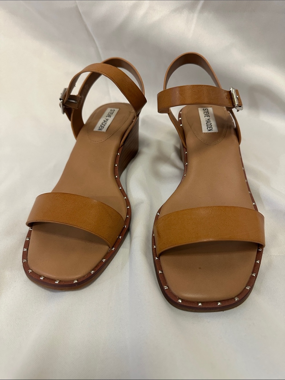 Steve Madden Tan Leather Ankle-Strap Wedge Sandals with Stud Accent